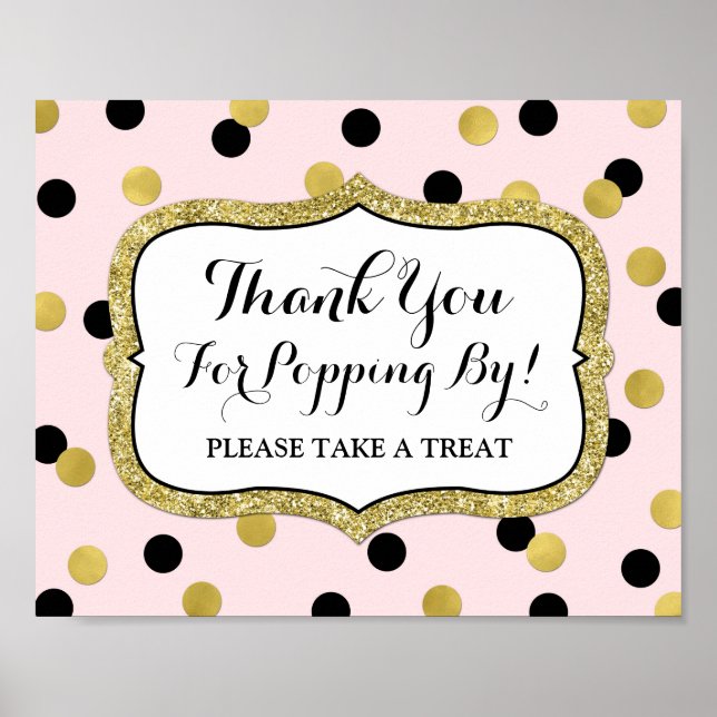 Popcorn Bar Sign Pink Black Gold Confetti (Front)