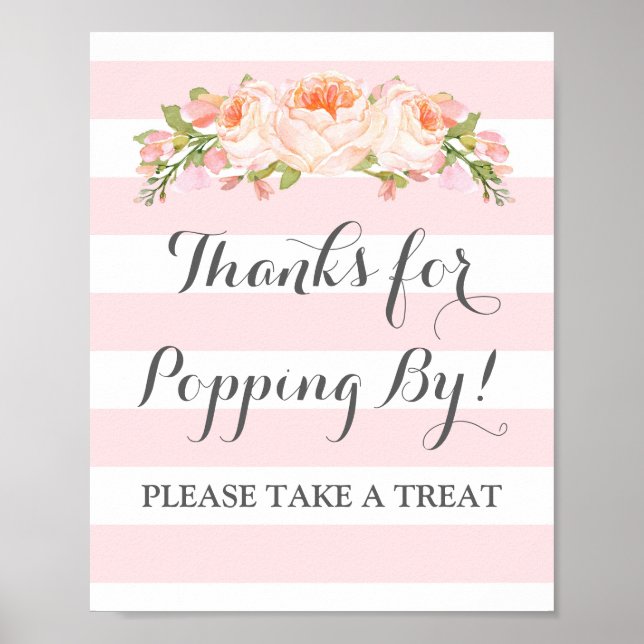Popcorn Bar Sign Pink Flowers Stripes (Front)