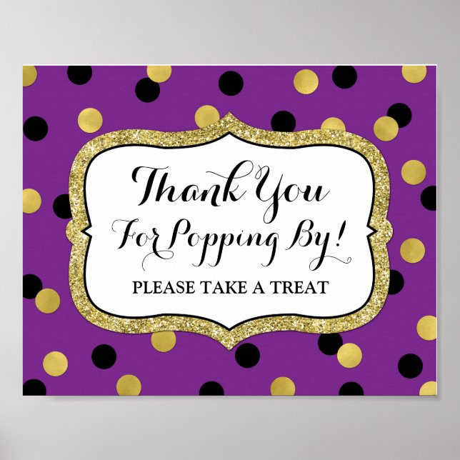 Popcorn Bar Sign Purple Black Gold Confetti (Front)