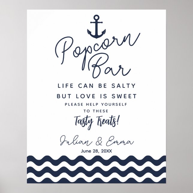 Popcorn Bar wedding sign elegant navy blue (Front)