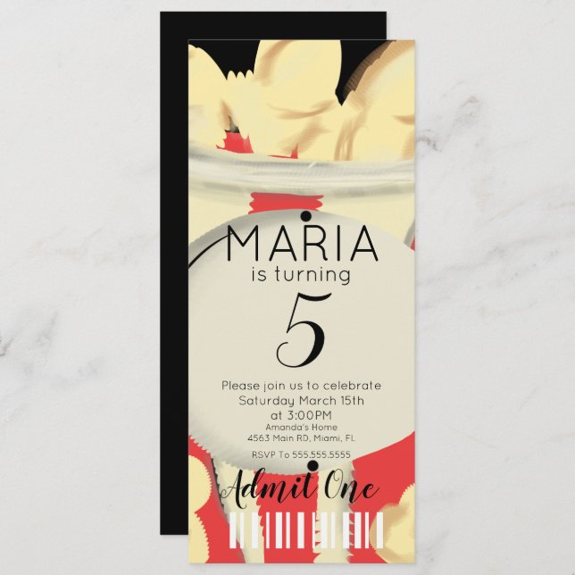 Popcorn Hand Drawn  Movies  Ticket Style Party   I Invitation (Front/Back)