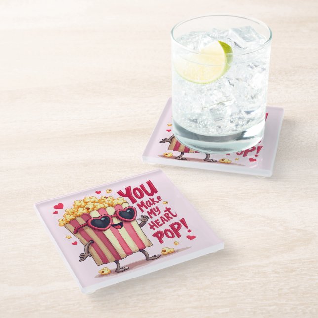 Popcorn Heart Pop Valentine Design Glass Coaster (Angled)