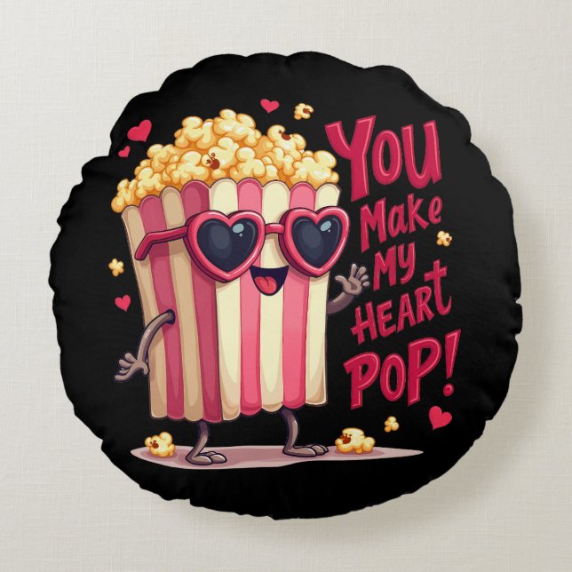Popcorn Heart Pop Valentine Design Round Cushion (Front)