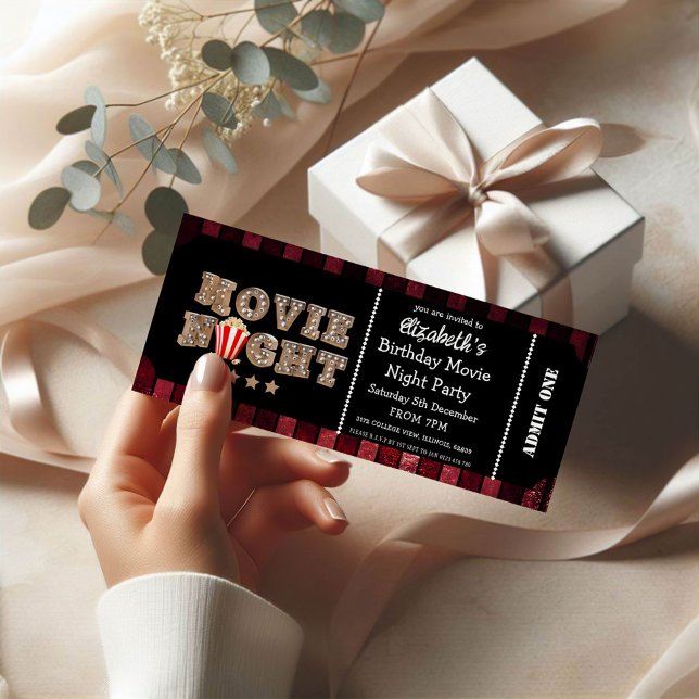 Popcorn Movie Night Birthday Party Ticket Style  Invitation (Creator Uploaded)