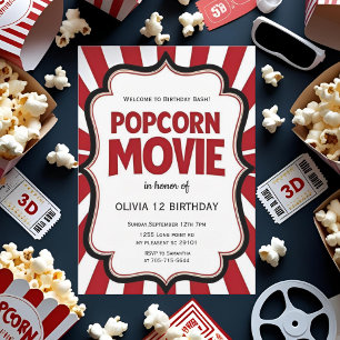Popcorn Movie Night Birthday   Red  Theater Party  Invitation