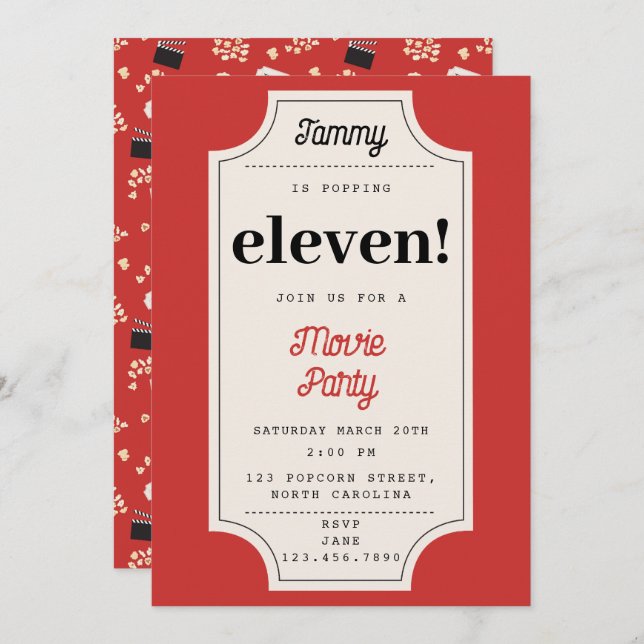 Popcorn Movie Ticket Party Birthday Party Theme Invitation (Front/Back)