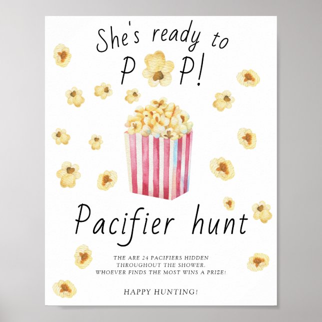 Popcorn - pacifier hunt baby shower game poster (Front)