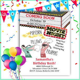 Popcorn Pillows Pyjamas Movie Night Birthday  Invitation