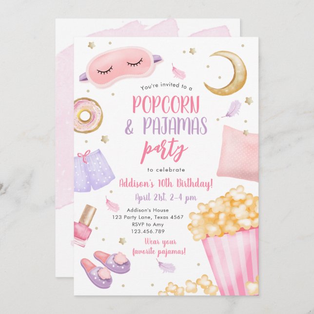 Popcorn Pyjamas Sleepover Slumber Party Birthday I Invitation (Front/Back)