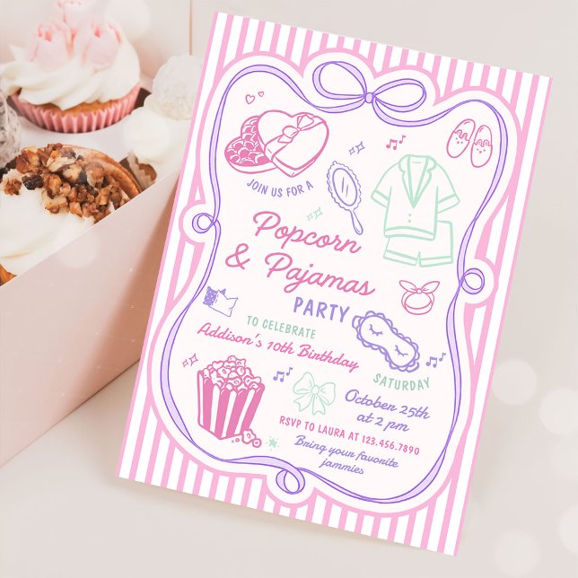 Popcorn Pyjamas Sleepover Slumber Party Birthday Invitation (Creator Uploaded)