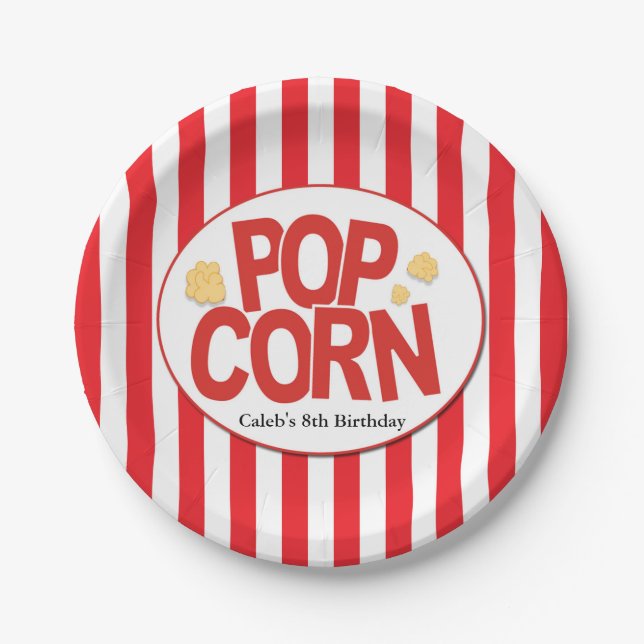 Popcorn Red & White Stripe Movie Party Paper Plate (Front)