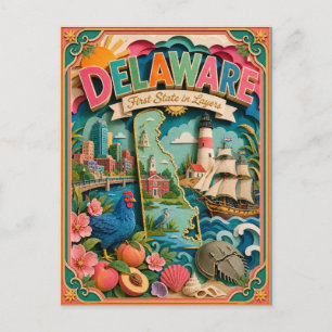 PopCut States Delaware Colourful 3D Paper Art Postcard