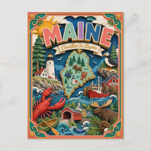 PopCut States Maine Colourful 3D Paper Art Postcard