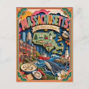 PopCut States Massachusetts Colourful 3D Paper Art Postcard