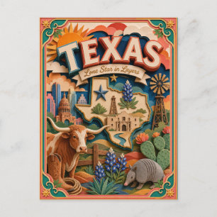 PopCut States Texas Colourful 3D Paper Art Postcard