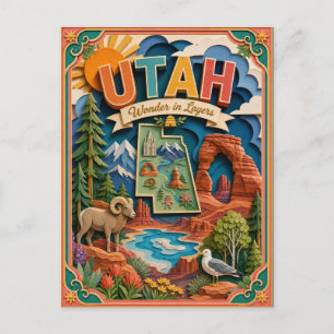 PopCut States Utah Colourful 3D Paper Art Postcard