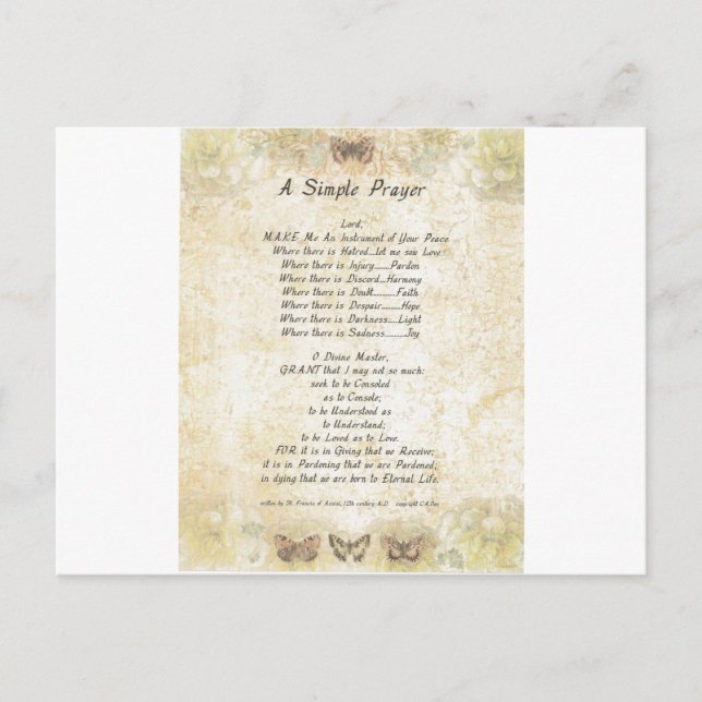pope francis=st. francis simple prayer =butterflie postcard (Front)