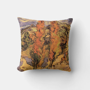 Poplars on Road Through Hills by Vincent van Gogh Cushion