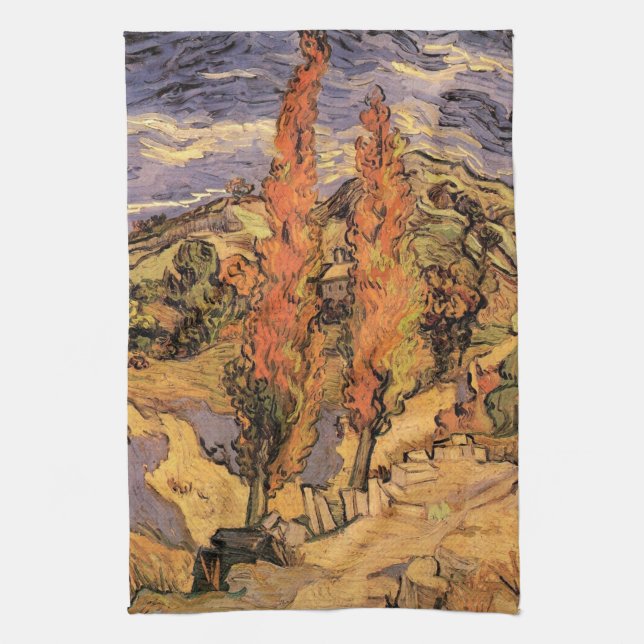Poplars on Road Through Hills by Vincent van Gogh Tea Towel (Vertical)