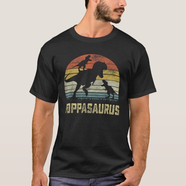 Poppa saurus T Rex Dinosaur Poppa 2 kids Family Ma T-Shirt (Front)