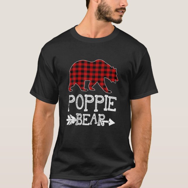 Poppie Bear Christmas Xmas Pajama Red Plaid Buffal T-Shirt (Front)