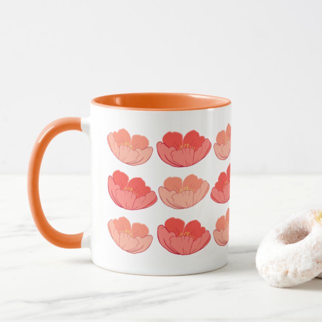 Poppies 11 oz. Orange White Ceramic Mug (With Donut)