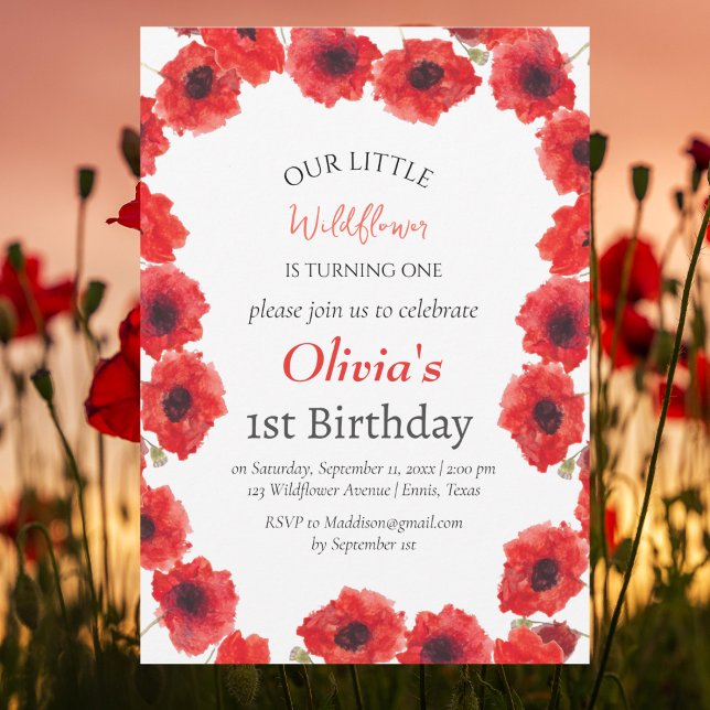 Poppies 1st First Birthday Girl Red Floral  Invitation (Creator Uploaded)