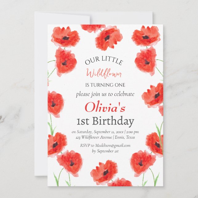 Poppies 1st First Birthday Girl Red Floral  Invitation (Front)