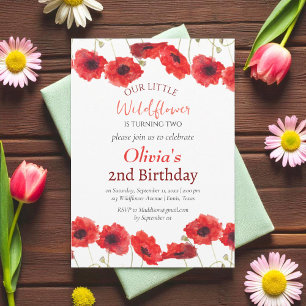 Poppies 2nd Second Birthday Girl Red Floral Invitation