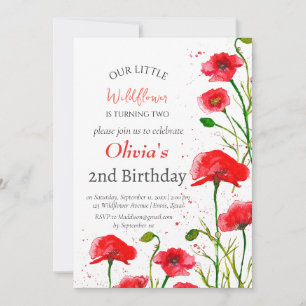 Poppies 2nd Second Birthday Girl Red Floral  Invitation
