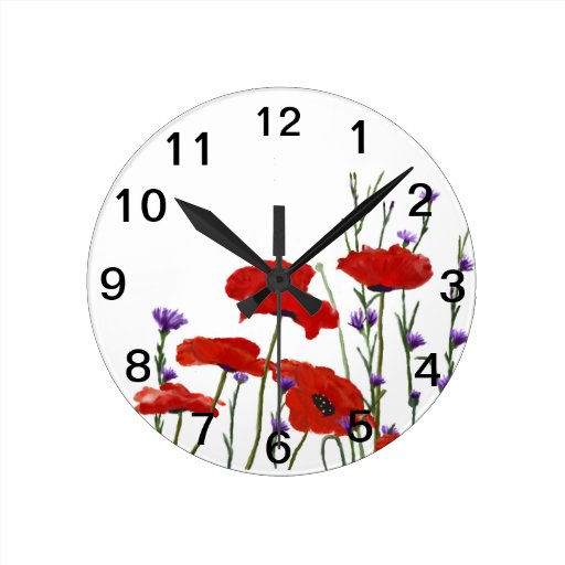 Image of Poppies and Bachelor Buttons Round Clock