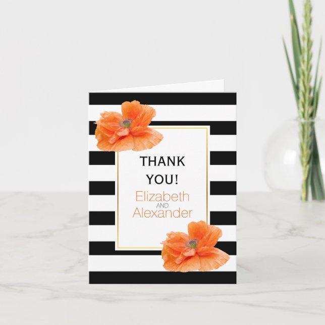 Poppies and black white stripes wedding Thank You (Front)