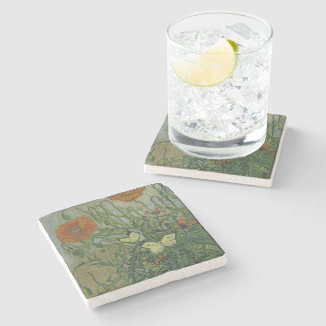 Poppies and Butterflies by Vincent Van Gogh  Stone Coaster (Side)
