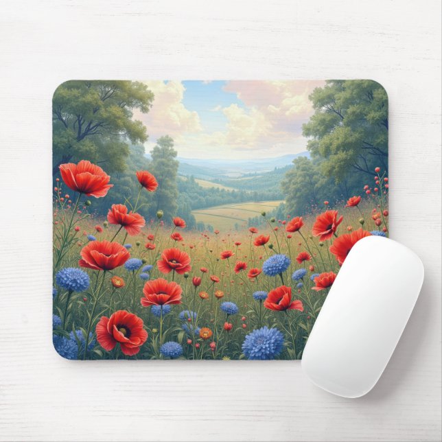 Poppies and Dahlia Field Mouse Mat (With Mouse)