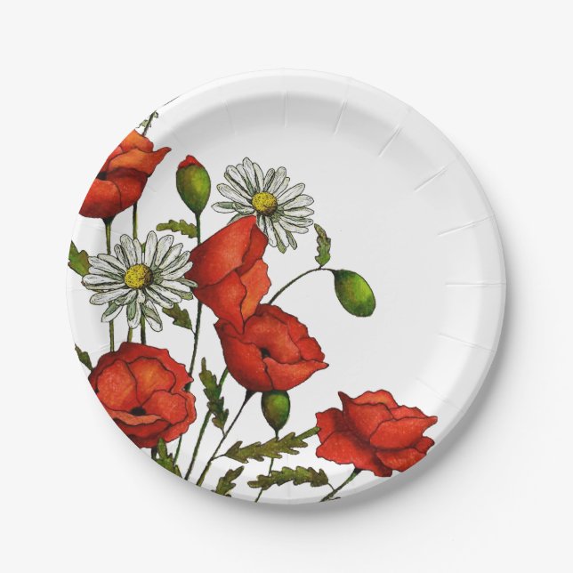 Poppies and Daisies: Floral Art, Flowers Paper Plate (Front)