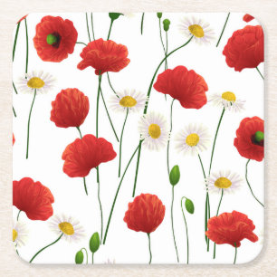 Poppies and daisies square paper coaster