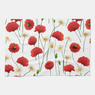 Poppies and daisies tea towel