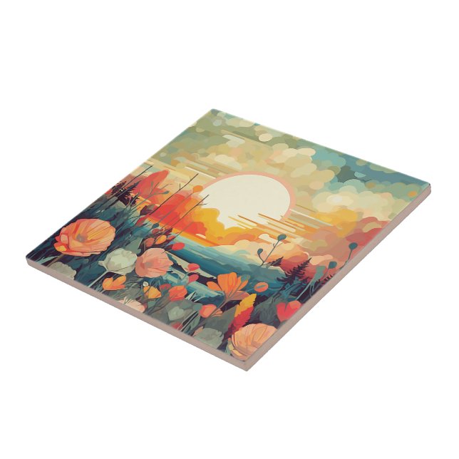 Poppies and fox tails Abstract flower field Tile (Side)