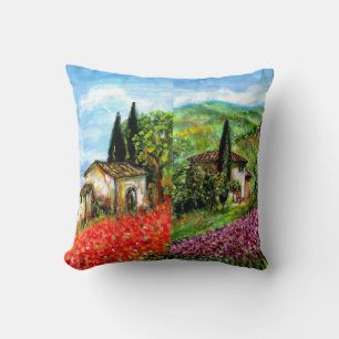 POPPIES AND IRISES IN TUSCANY LANDSCAPE CUSHION