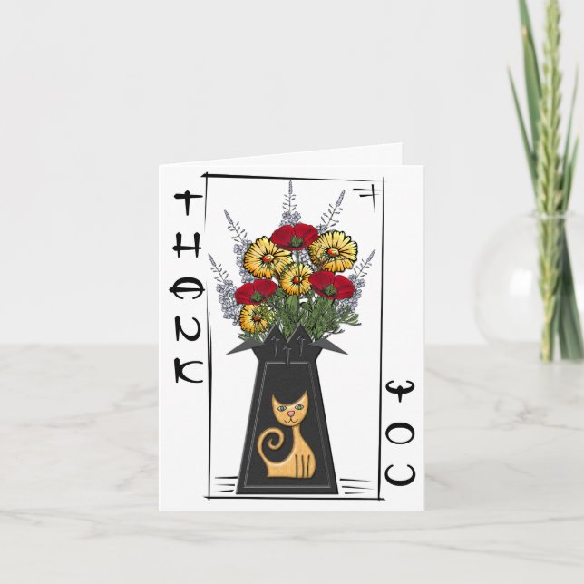 Poppies and Mums in a Retro Cat Vase - Thank You (Front)