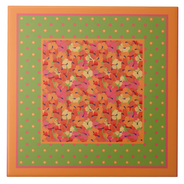 Poppies and Polka Dots Border Pattern on Green Tile (Front)