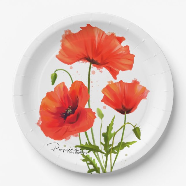 Poppies and splashes of watercolor painting paper plate (Front)