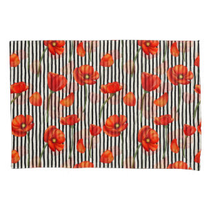 Poppies and stripes pattern pillowcase