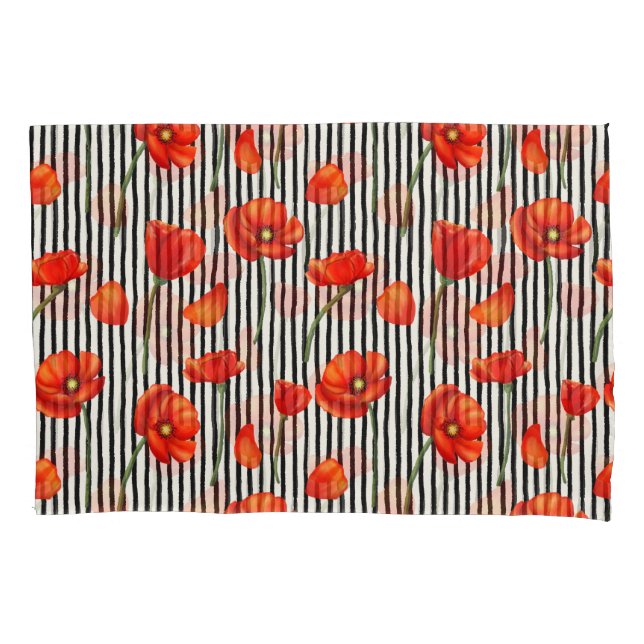 Poppies and stripes pattern pillowcase (Front)