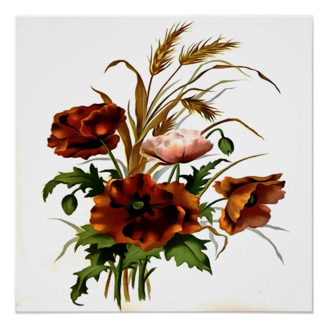 Poppies And Wheat Botanical Art Poster (Front)