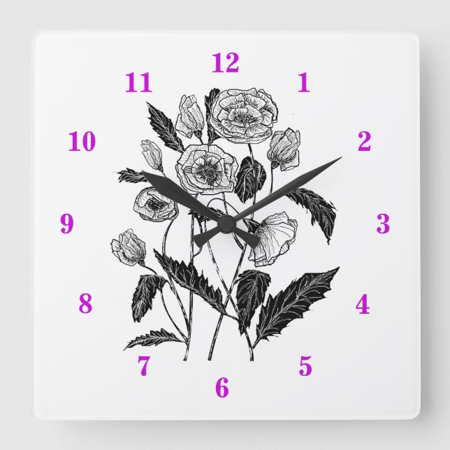 Poppies Art Square Wall Clock (Front)