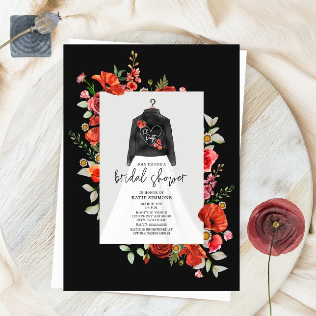 Poppies Black Leather Jacket Bridal Shower Invitation (Creator Uploaded)