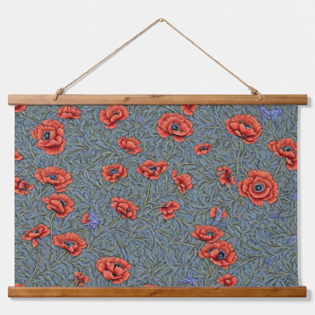 Poppies Blue Butterflies Hanging Tapestry (Front)