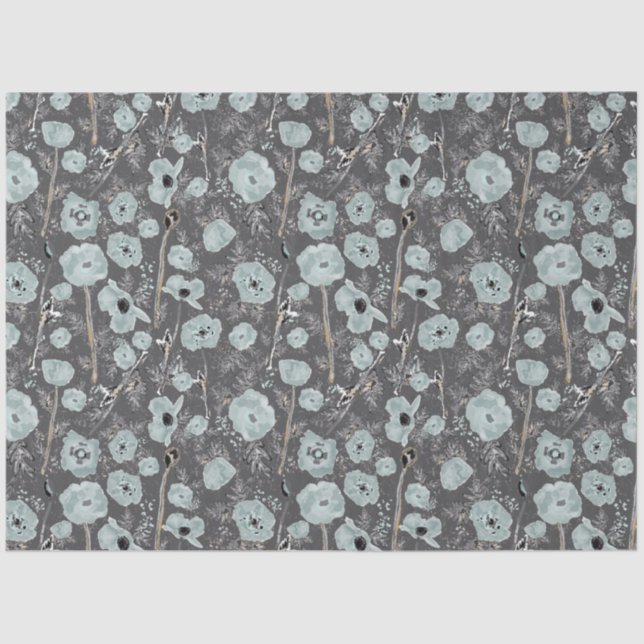 Poppies Blue Grey Charcoal Floral Tissue Paper (Front)