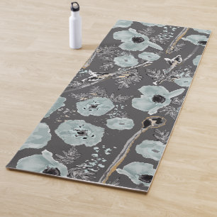 Poppies Blue Grey Charcoal Watercolor Flora Yoga Mat